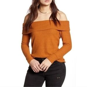 BP Off The Shoulder Orange Waffle Knit Top